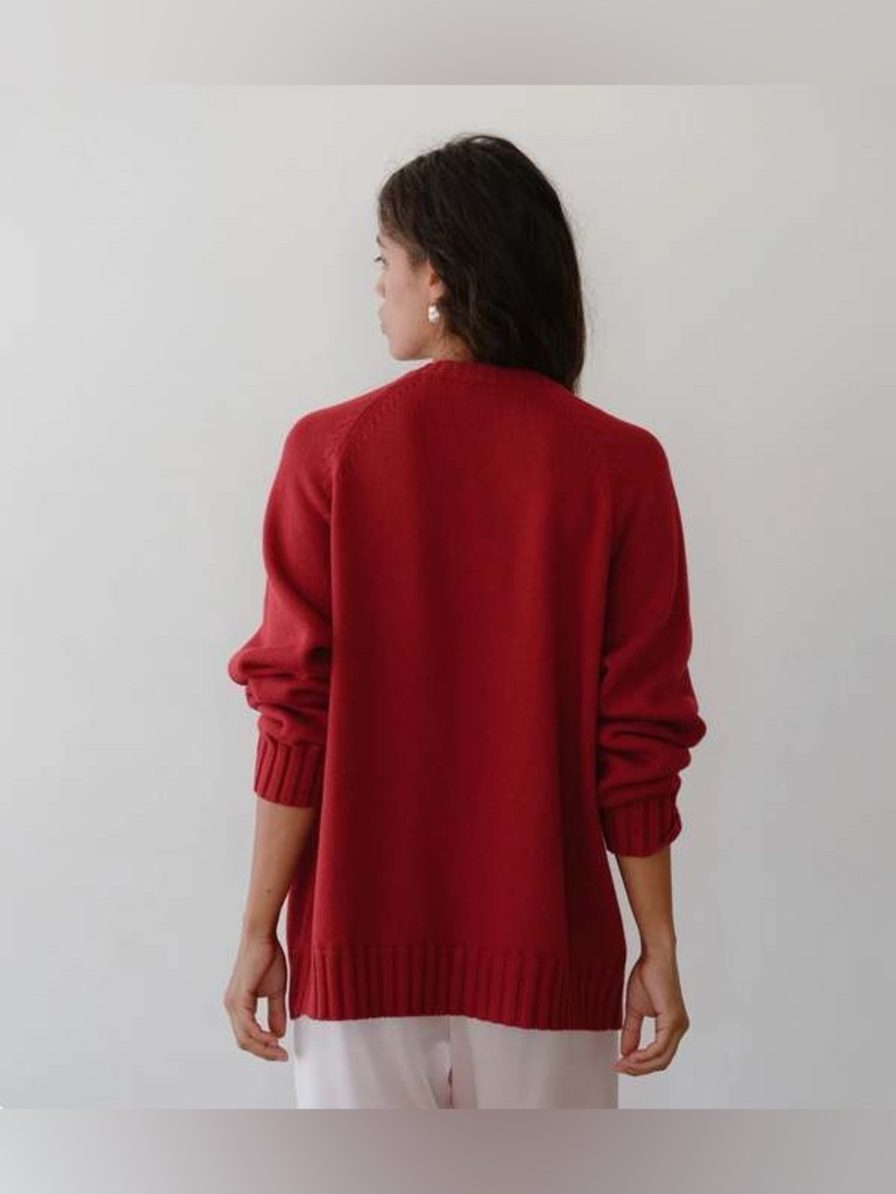 DONNI. Cotton Cashmere V-Neck Sweater in Rouge - Picture 2 of 10